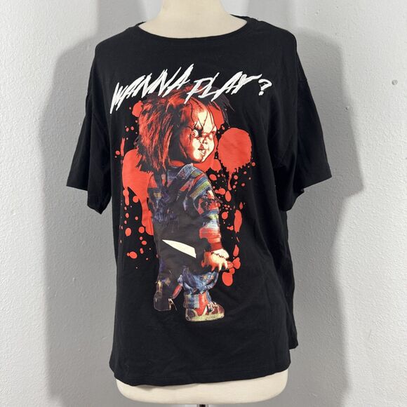 Chucky T Shirt Mens L Blac Wanna Play Graphic Grunge Y2K 90s - Picture 1 of 7